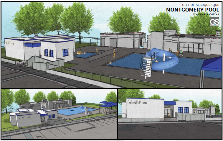 Graphic representation of the planned improvements to Montgomery swimming pool, showing renovated areas with ADA accessible parking, building access, and restrooms.