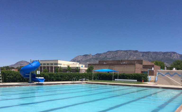 A photo of an outdoor swimming pool on bright, sunny day.